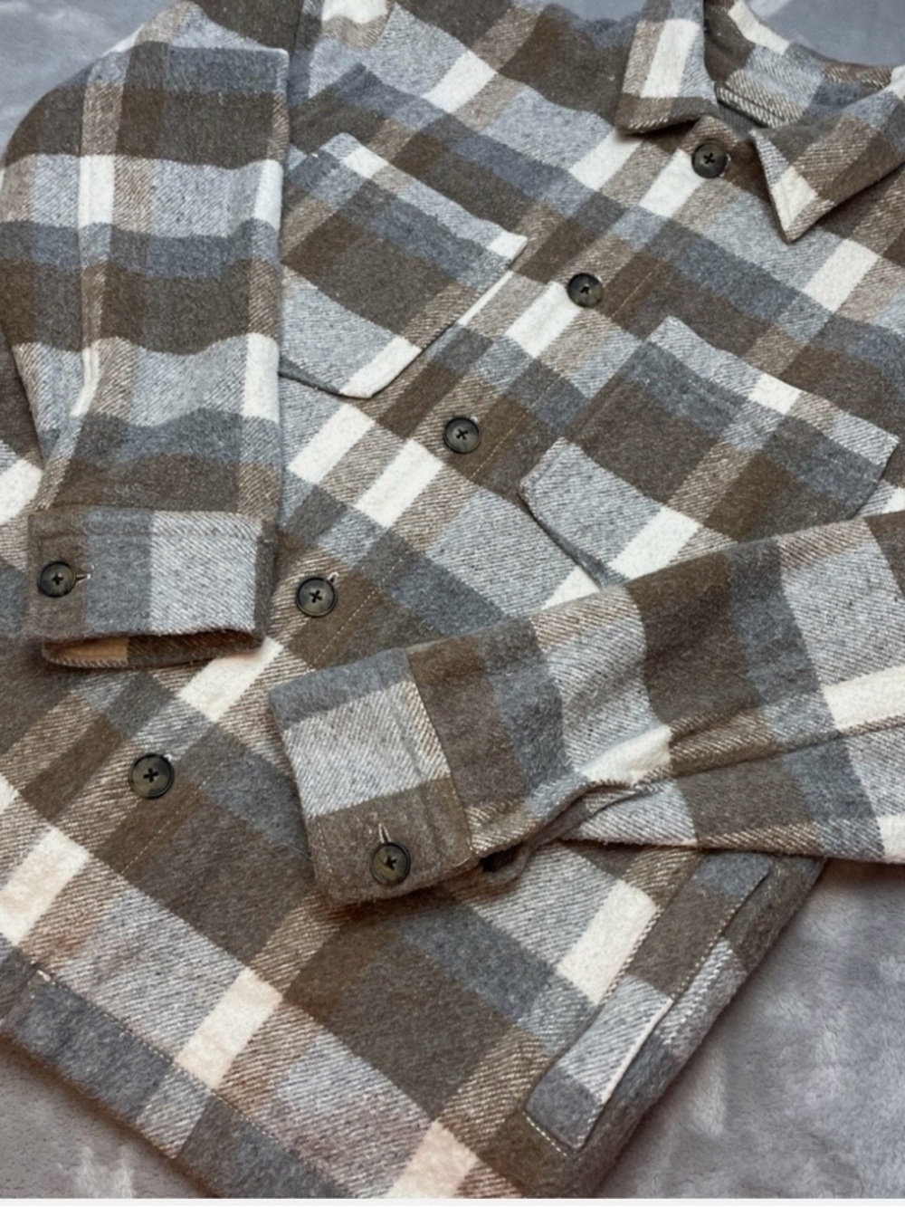 Zara Relaxed Fit Plaid Shacket in Brown, Gray, and Cream